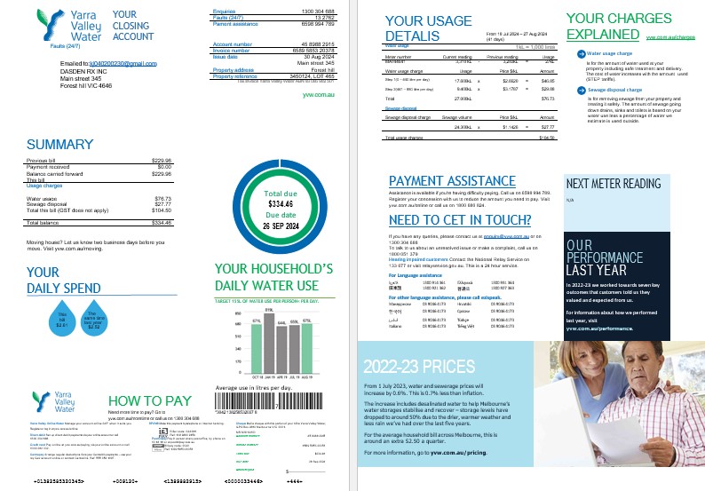 Melbourne Yarra Valley Water water business utility bill Word and PDF formats, 2 pages